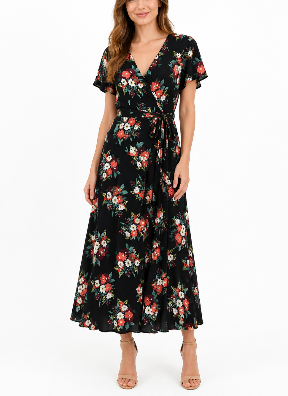 Forever 21 Contemporary Womens L Black Floral Wrap Maxi Dress Flutter Sleeve